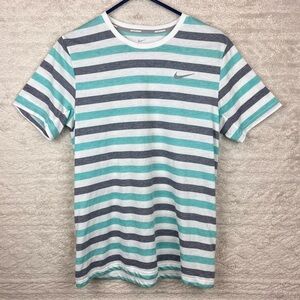 NIKE Mesh Running Top Striped Shirt Crewneck Back Zippered Pocket Medium
